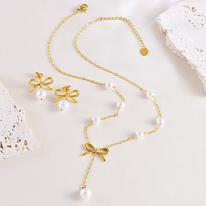 Pearl Bow Necklace Earring Set