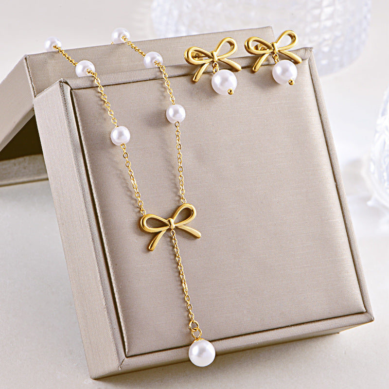 Pearl Bow Necklace Earring Set