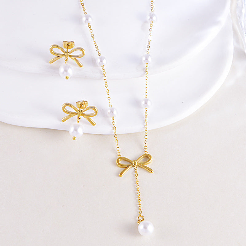 Pearl Bow Necklace Earring Set